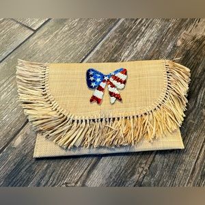 Judith March Patriotic 🇺🇸 straw clutch with fringe. Red, white, blue bow